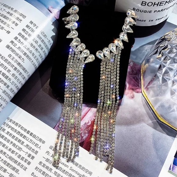 LONG TASSEL STERLING SILVER DIAMOND DROP EARRINGS - Picture 4 of 6